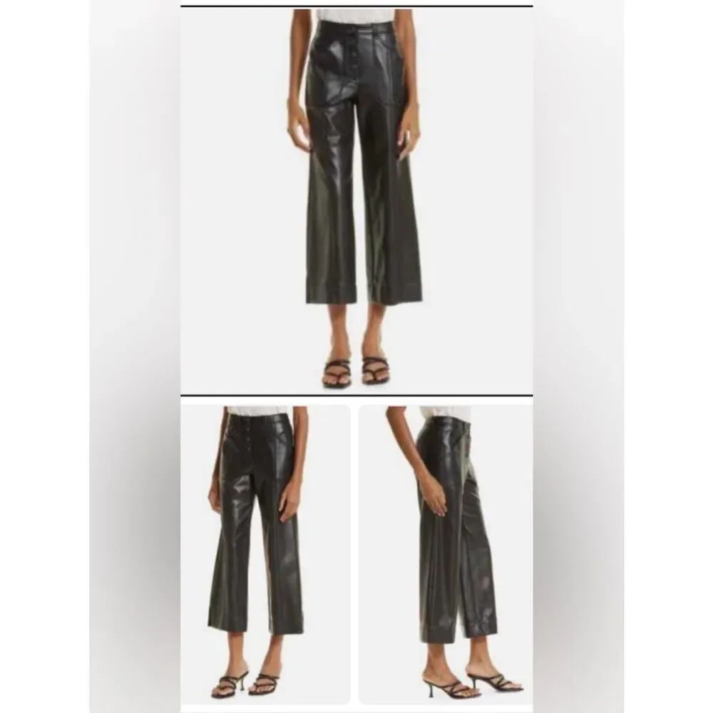 Cinq a Sept Benii Black Faux Leather Wide-Leg Crop Pants Size 6 NWT